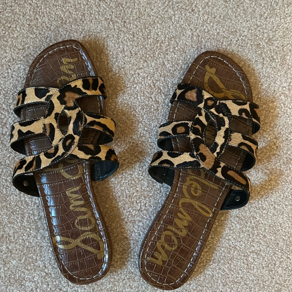 Sam Edelman Leopard Print Leather Slide Sandals - Brown/Tan/Black